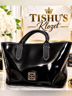 Dooney & Bourke Black Patent Leather Tote Bag Medium Shoulder Handbag-EUC!